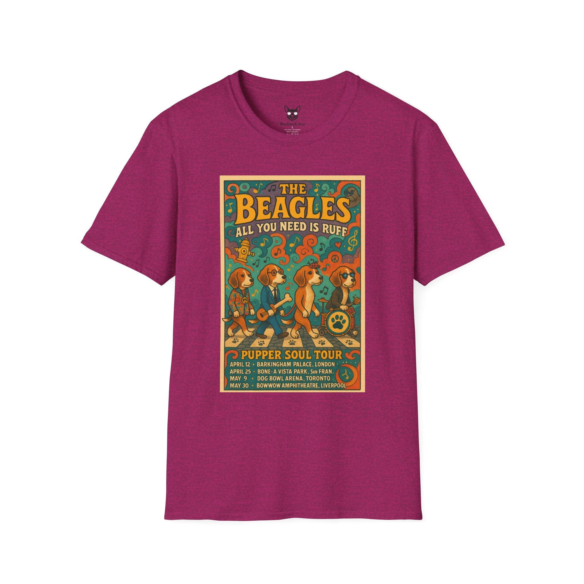 The Beatles Concert Poster Dog Parody Unisex Softstyle T-Shirt -- Funny Dog Concert Tee for Music and Dog Lovers